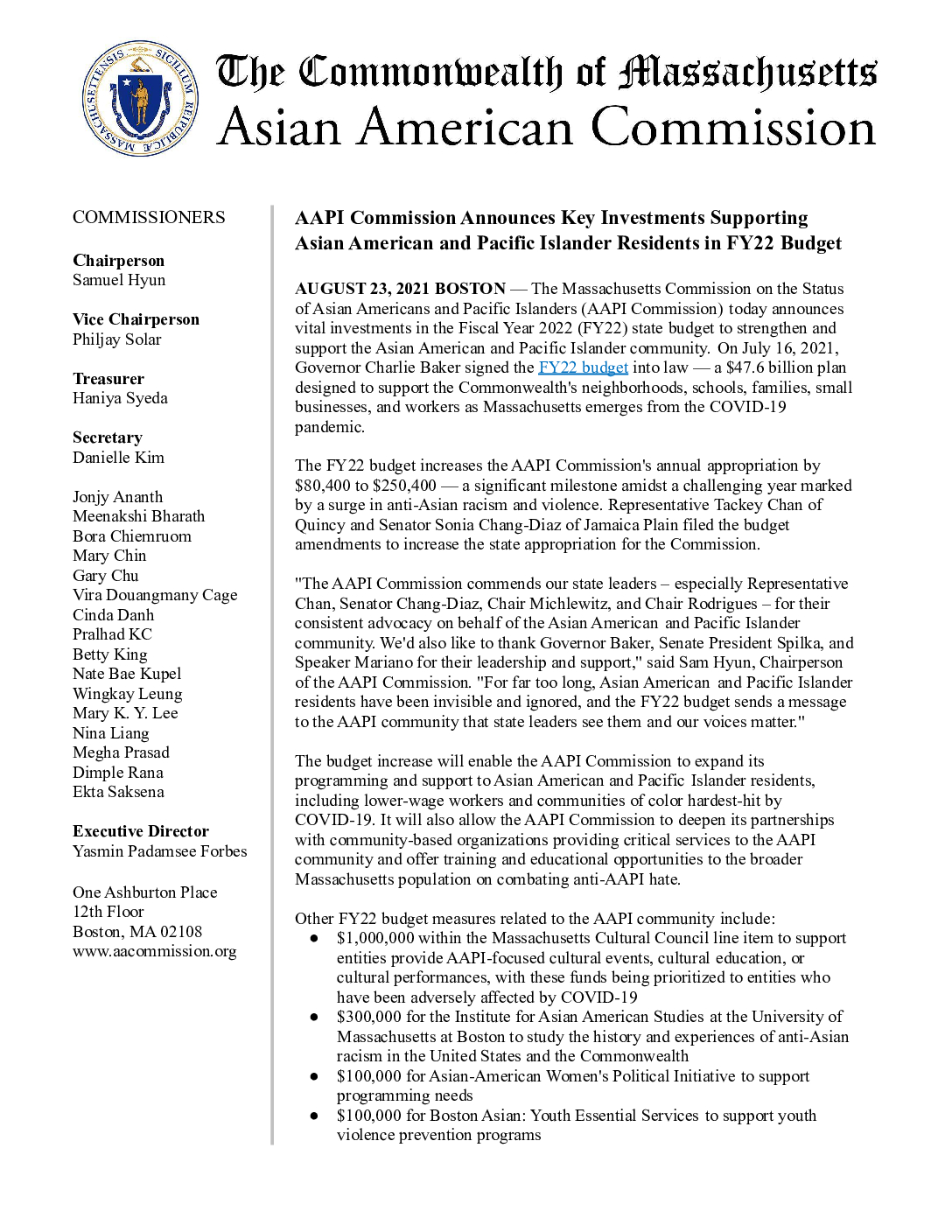 Press Release: AAPI Commission Announces Key Investments Supporting Asian American and Pacific Islander Residents in FY22 Budget